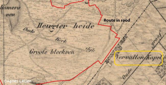 Kaart uit 1900 met daarop de route