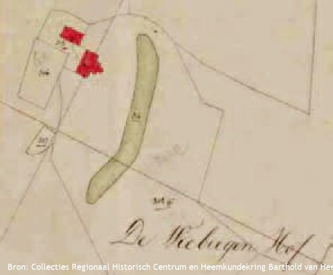 Oud kaartje uit 1832 waarop de oorspronkelijke locatie van de Wiebiegenhof met schuur, erf en Schapengracht 